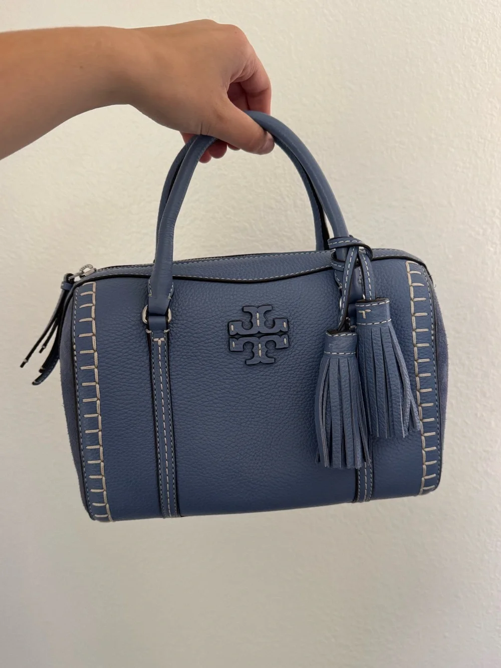 Tory Burch McGraw Small Satchel – Blue Pebbled Leather